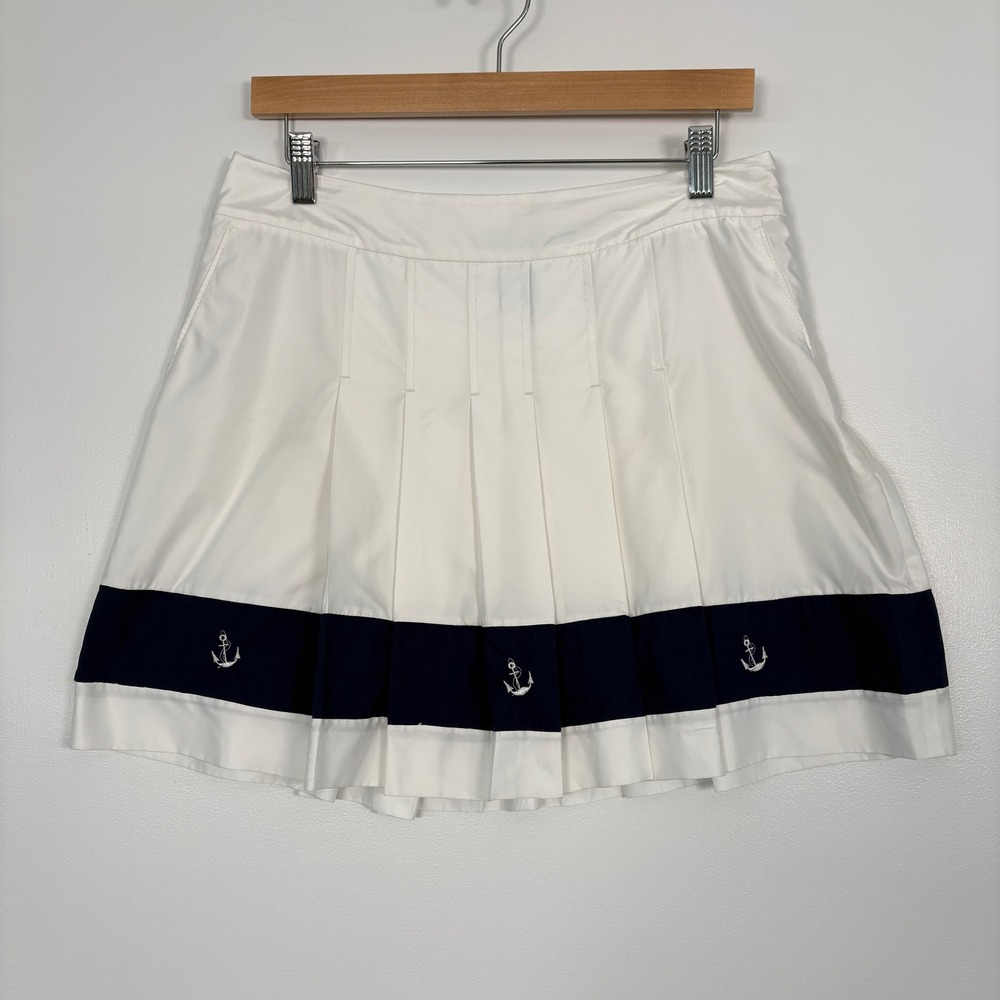 Ralph Lauren Womens Pleated Mini Skirt 8 White Navy Blue Anchor‎ Nautical Preppy